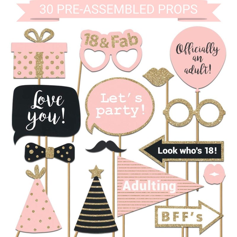 Perfect Occasion Fully Assembled 18th Birthday Photo Booth Props - Set of 30 - Pink & Gold Selfie Signs - 18th Party Supplies & Decorations - Cute Bday Designs with Real Glitter - Did We Mention No DIY - Image 1